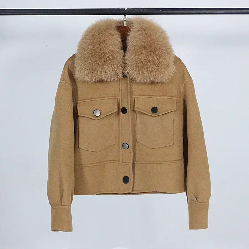 Wool Women Fur Coat New Autumn Winter Real Fox Fur Collar 10% Cashmere 90% Wool Fur Jacket Short Casual Loose Wool Coat