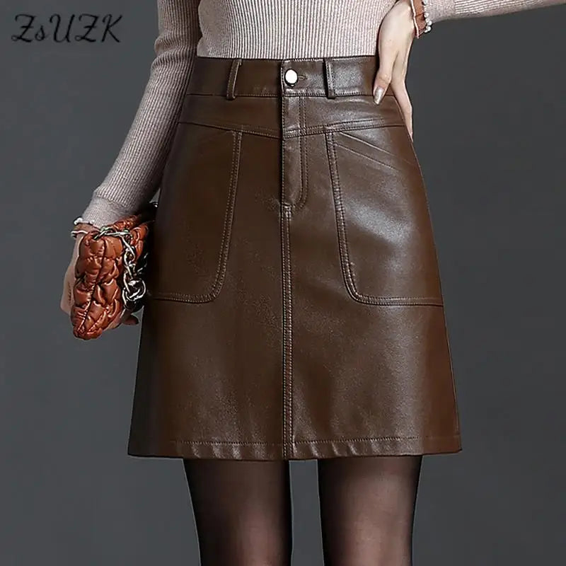 ZUZK Fall Winter Women New PU Leather Sexy Skirt  Black Coffee Simple Elegant Short Bodycon Skirt Boot skirt 2024