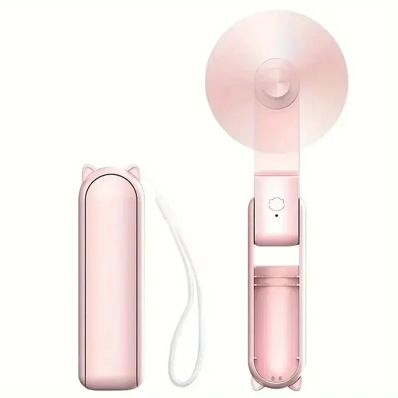 Pink Portable Mini Fan USB Rechargeable 3Speed Adjustable Foldable Handheld Fan Suitable for Women Travel Outdoor Use Power Bank
