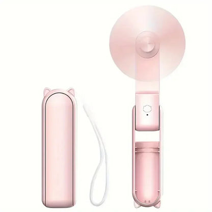 Pink Portable Mini Fan USB Rechargeable 3Speed Adjustable Foldable Handheld Fan Suitable for Women Travel Outdoor Use Power Bank