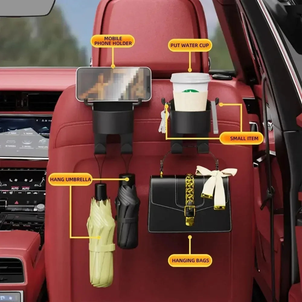 2026 2Pcs Car Seat Headrest Hook Hanger Storage Organizer Universal with Cup Holder for Handbag Fit Universal Vehicle Car
