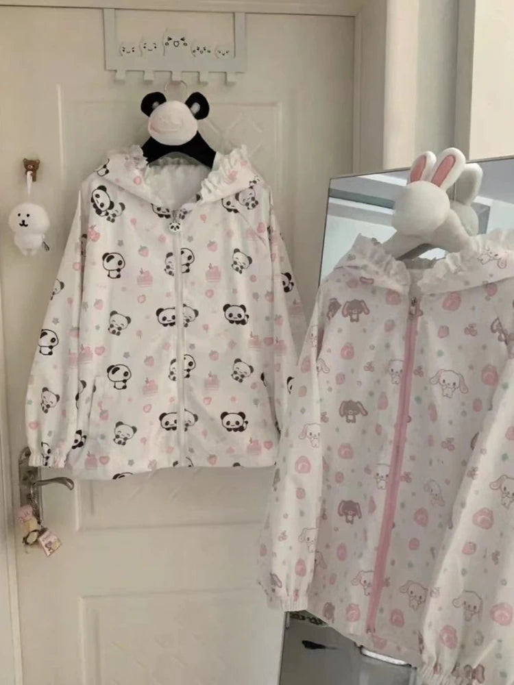 Japanese Kawaii Cartoon Print Jackets Loose Y2k Casual Sun Protection Women's Tops Lace Patchwork Preppy Grunge Hooded Coats