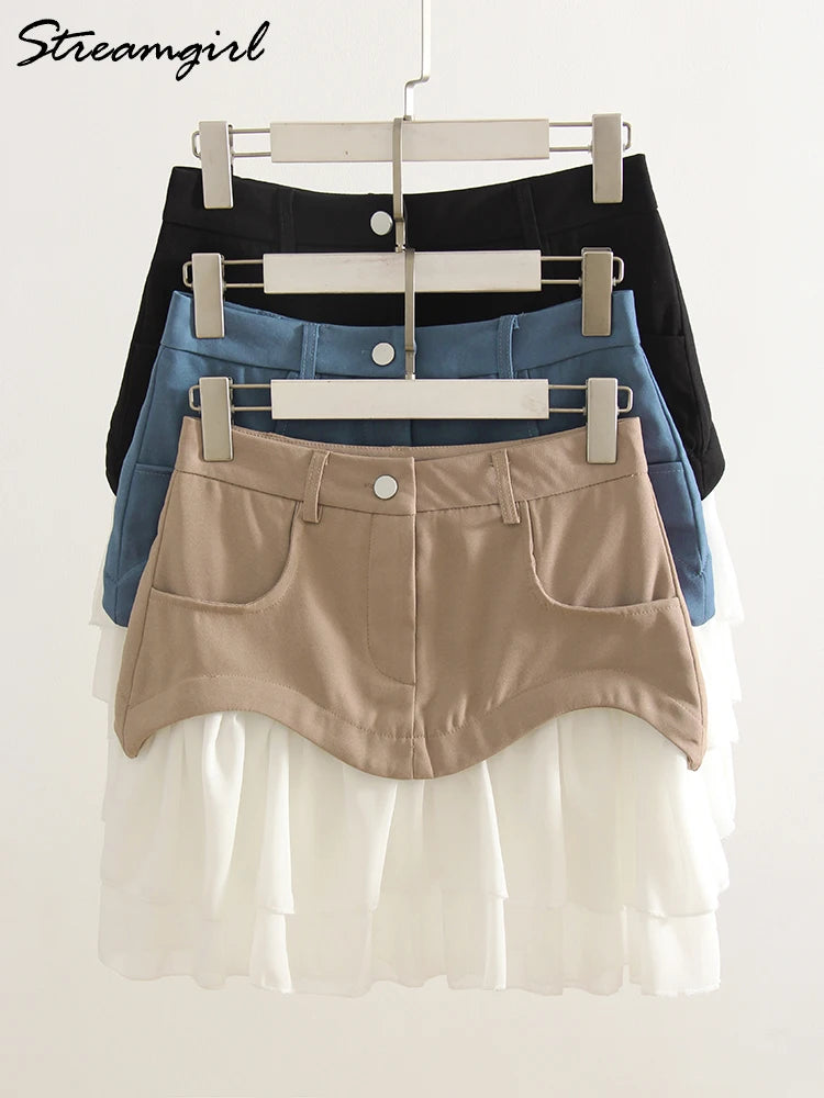 Summer White Patchwork Ruffled Skirts Mini For Women High Waist A Line Flounce Skirt Ladies Pleated Mini Skirts Chiffon Women