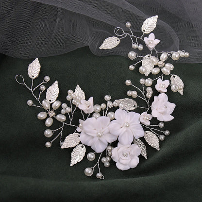 Ceramic Flowers Wedding Headbands for Bride Crystal Pearls Hairbands Women Hairpins Bridal Headpiece Hair Jewelry Accessories