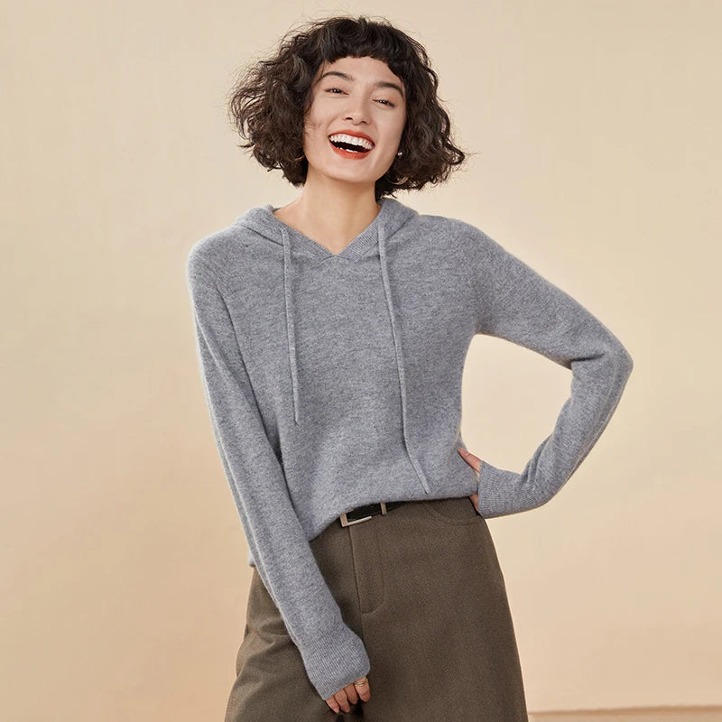 ADDONEE Women Cashmere Hooded Pullover Sweater 100% Cashmere Knitwear Spring Autumn Casual Simple Style Hoodie Clothing Tops