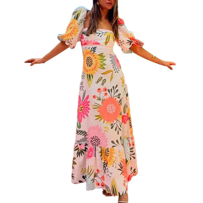 Fashion Splicing Pleated Print Women's Maxi Dress Summer Short-sleeve Square Neck Slim Party Women Holiday Oversized Dresses