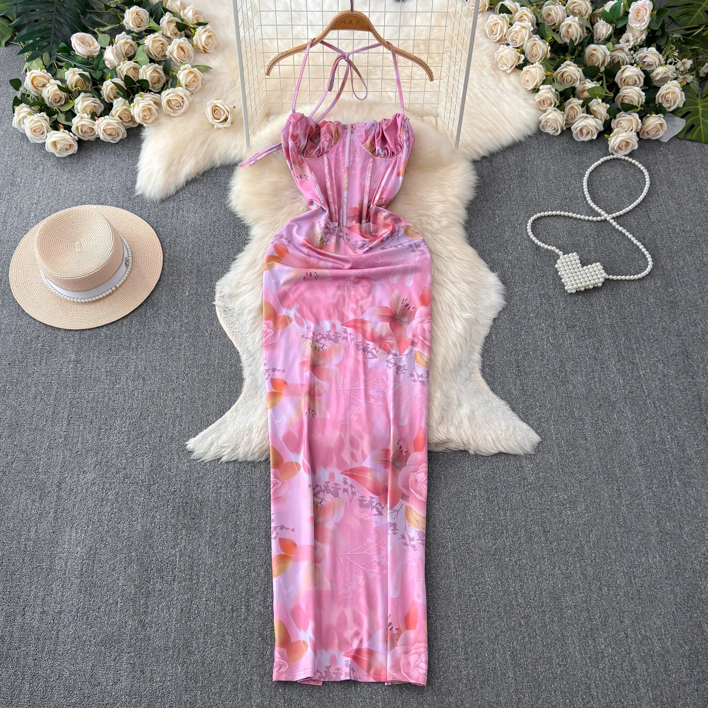 Foamlina Sexy Floral Print Halter Maxi Dress Women Elegant Sleeveless Fishbone Skinny Fit Bodycon Back Split Evening Party Dress