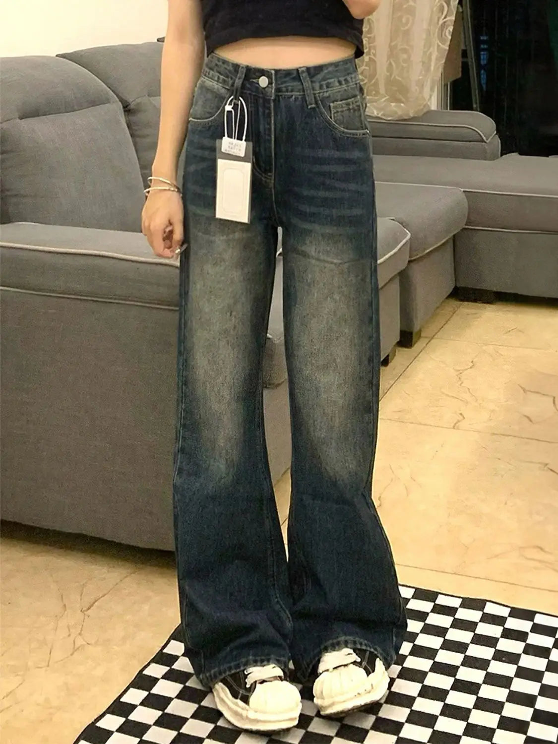 Fashion Flared Jeans Women American High Waist Slim Fit Wide Leg Bootcut Pants Loose Non Clingy Stretchy Versatile Denim