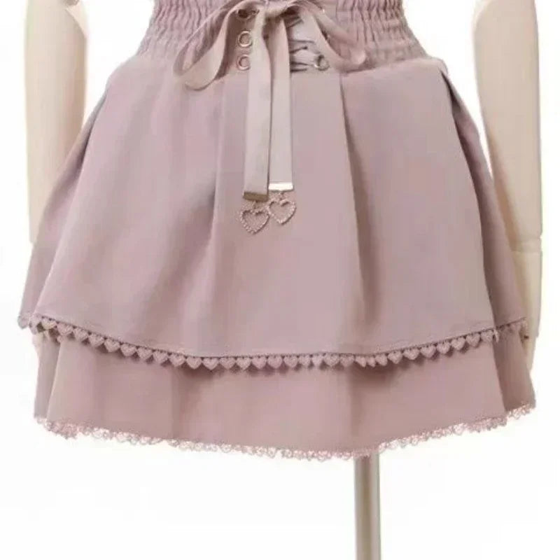 Japanese Kawaii Mini Cake Skirts Womens JK Jupe Fairy Bandage Lolita High Waist Y2k Aesthetic Sweet Lace Gothic Faldas Skirt