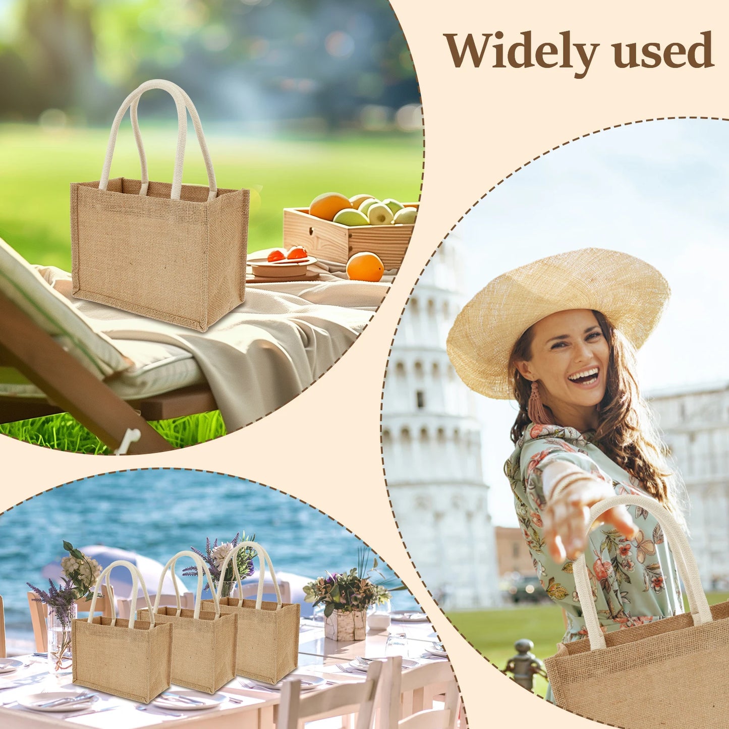 Portable Jute Tote Bag Burlap Tote Bags Mini Burlap Beach Bags Multipurpose Burlap Hand Bags for Shopping Trips Beach School