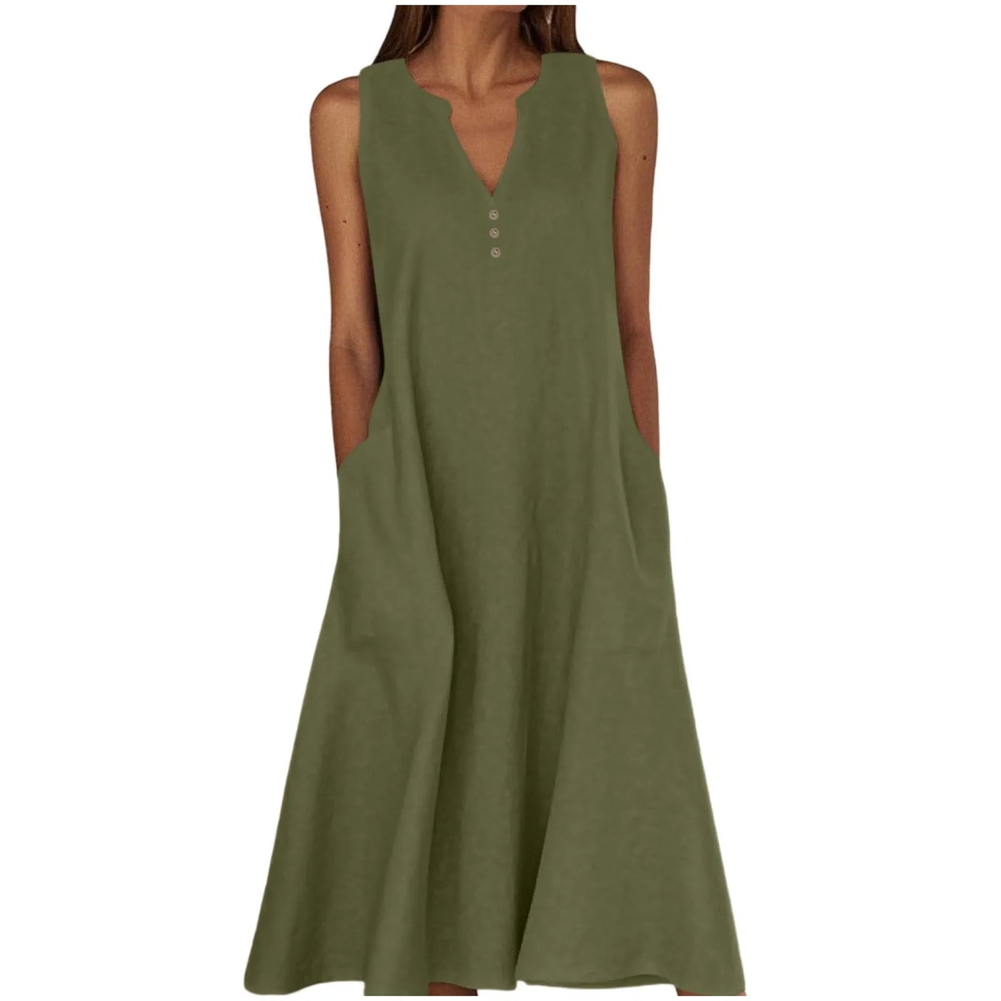 Women's Summer Casual V-neck Button Solid Color Sleeveless Long Dress With Pockets Female Elegant Trendy Casual Loose Dresses
