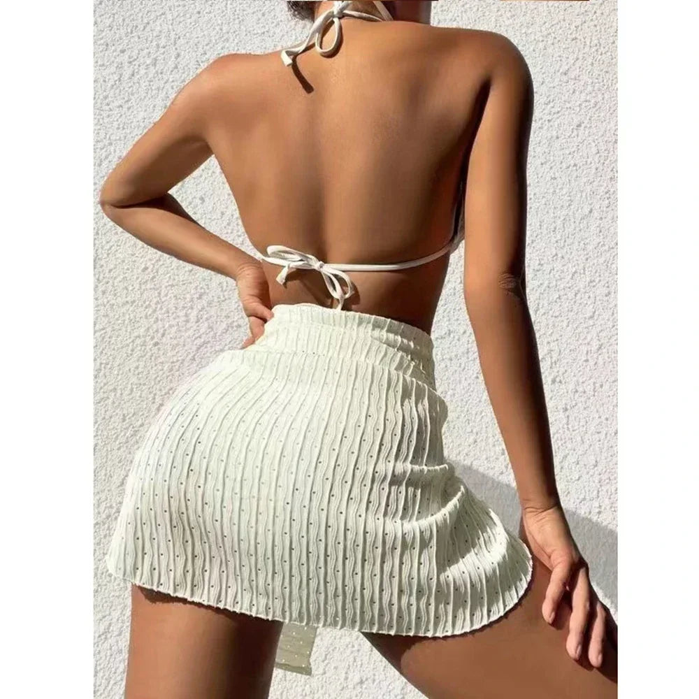 2025 Trendy Women's 3 Piece Halter Bikini Set Sexy Thong Swimsuit Summer Bathing Suit Cover Up Thong Swimwear Biquini Brasileiro