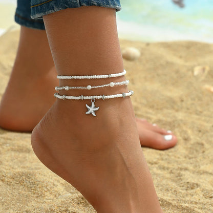 3PCS Set Beach Anklet for Women Bohemian Starfish Shell Glass Beaded Gold Silver Adjustable Summer Vacation Jewelry