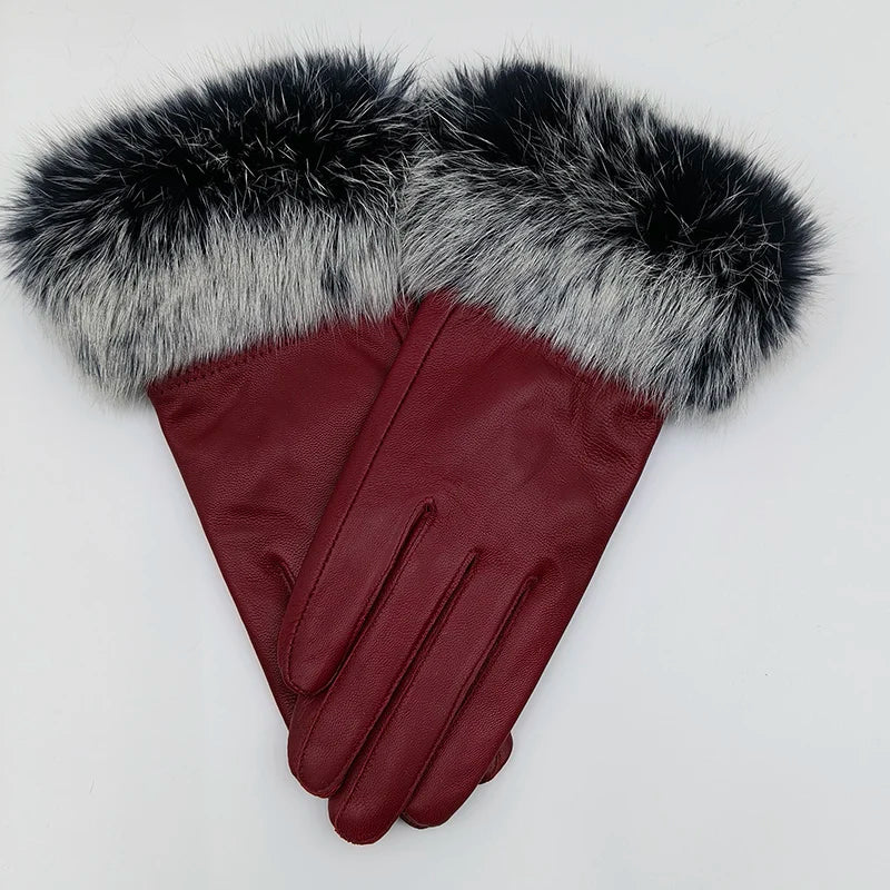 2025 Women Winter Warm Genuine Sheep Leather Glove With Real Fur Trimming Female Warm Real Leather Fur High Quality Mittens