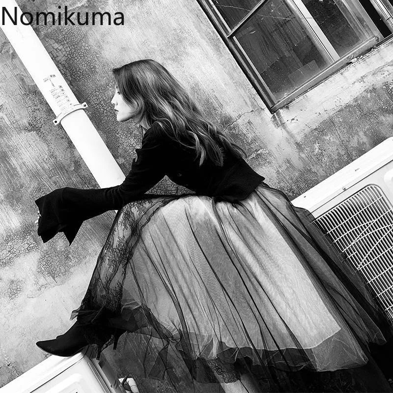 Harajuku Punk Long Skirts for Women Patchwork Gauze Chic Jupe 2025 Faldas Mujer De Moda Japanese Lace A-line Streetwear Skirt