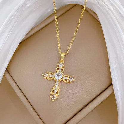 Sweet Cool Hollow Cross with Zircon Pendant Necklace for Women Girls Stainless Steel Chain Punk Cross Accessories Jewelry Gifts