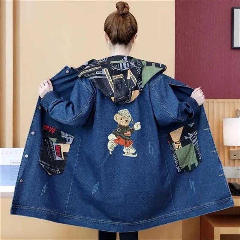 2025 Spring Autumn Denim Jacket Women Hooded Windbreaker Cartoon Printed Coat Long Outerwear Female Oversize 5XL Loose Overcoat