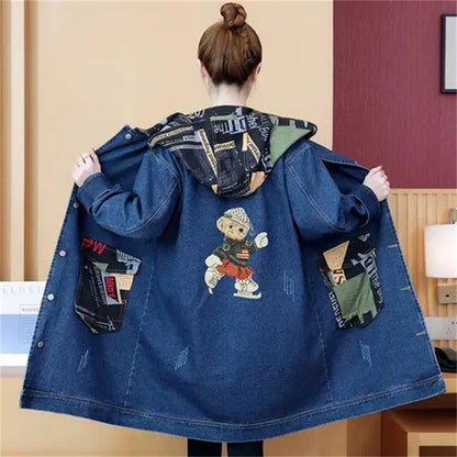 2025 Spring Autumn Denim Jacket Women Hooded Windbreaker Cartoon Printed Coat Long Outerwear Female Oversize 5XL Loose Overcoat