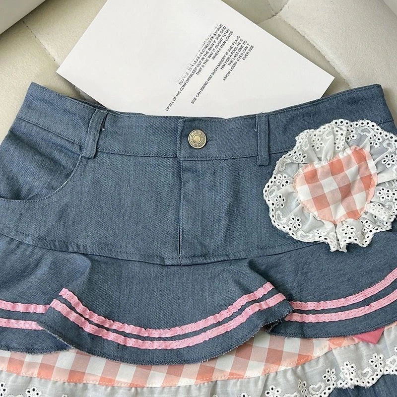Preppy Style Lolita Kawaii Skirts Japanese Sweet Mini Women Harajuku Cute Ball Denim Y2K High Waist Lace Cake Skirts