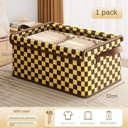 Checkered Fabric Clothing Storage Box - Galvanized Steel Frame - Breathable, Moisture-Proof, Foldable, Home Organizer - With Lid