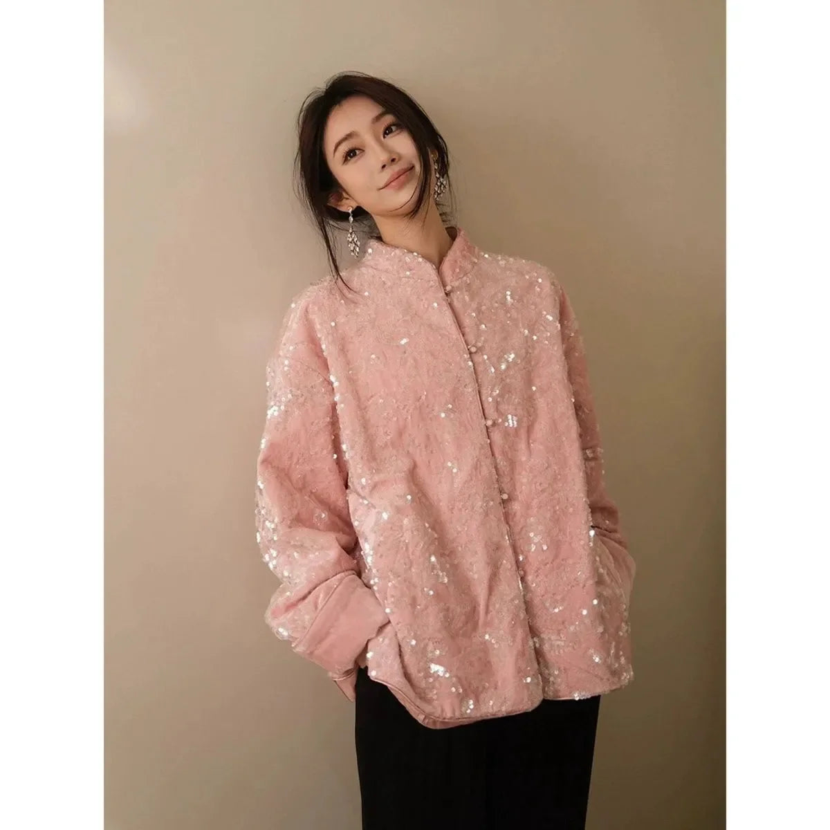 Chinese Vintage Sequin Velvet Jacket Autumn Winter New Elegant Embroidery Women's Stand Collar Single Breasted Outerwear