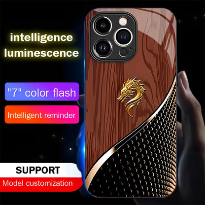 Wood Grain Dragon Emblem Sound Control LED Flash Cases Luminous Glass Cover For XiaoMi 15 14 13 12 11 Pro Ultra
