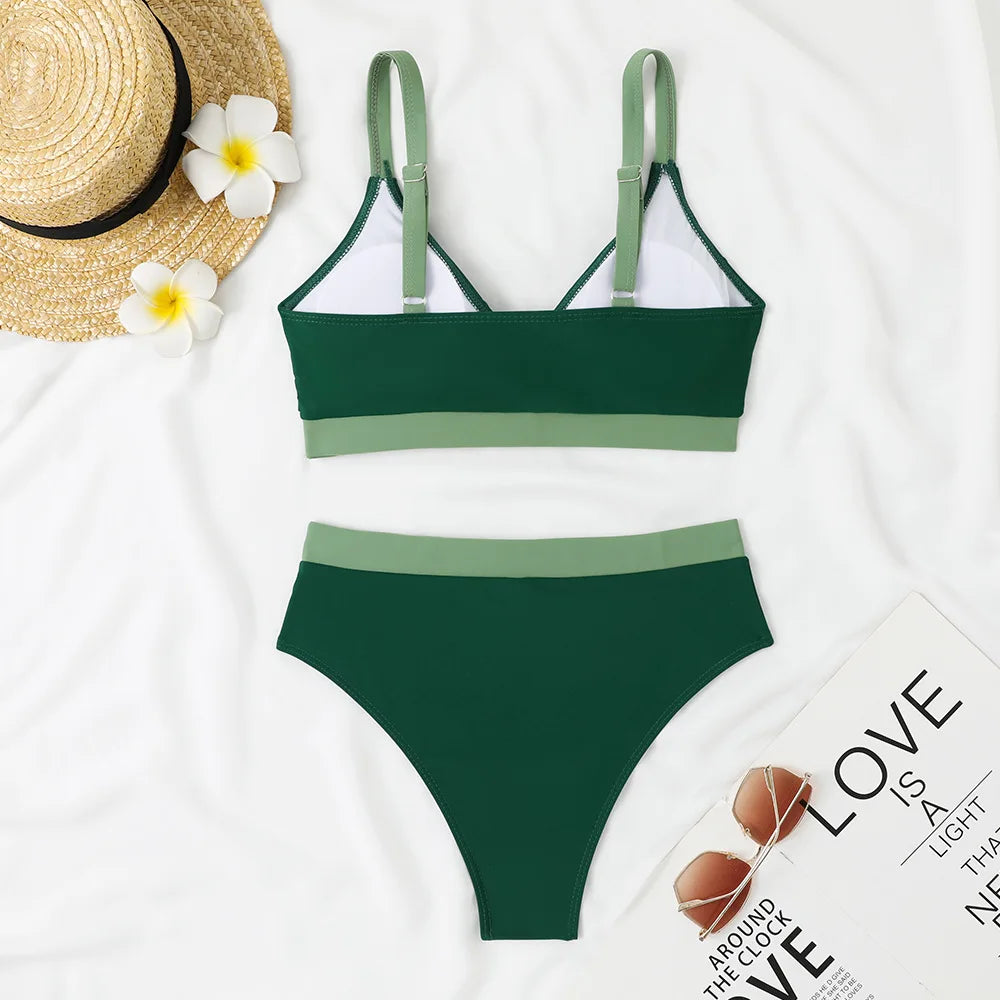 New Sexy High Waist Bikini 2025 Cross Backless Women Swimsuit Solid Tight Beachwear Bikini Set Seaside Sling Pool Swimwear