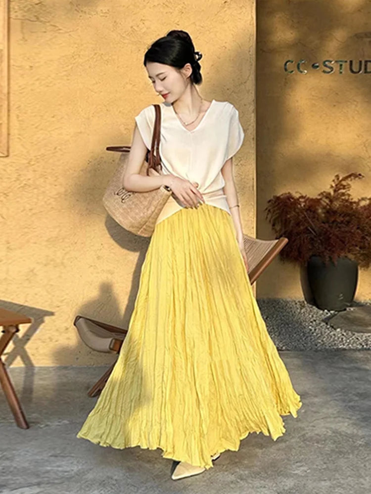 Irregular hem Women's skirt Yellow Blue Skirt High Waist skirts y2k skirt pleated Loose women Pleated Skirts Casual Jupe 2025