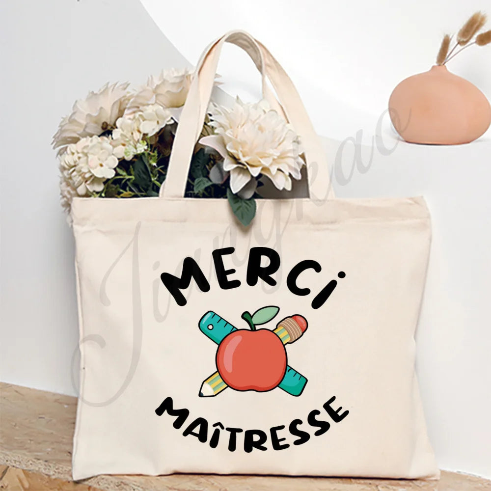 Thank You Teacher French Print Women Shoulder Bag CanvasShopping Bags Female Handbags Reusable Tote Bag Best Gifts for Maitresse
