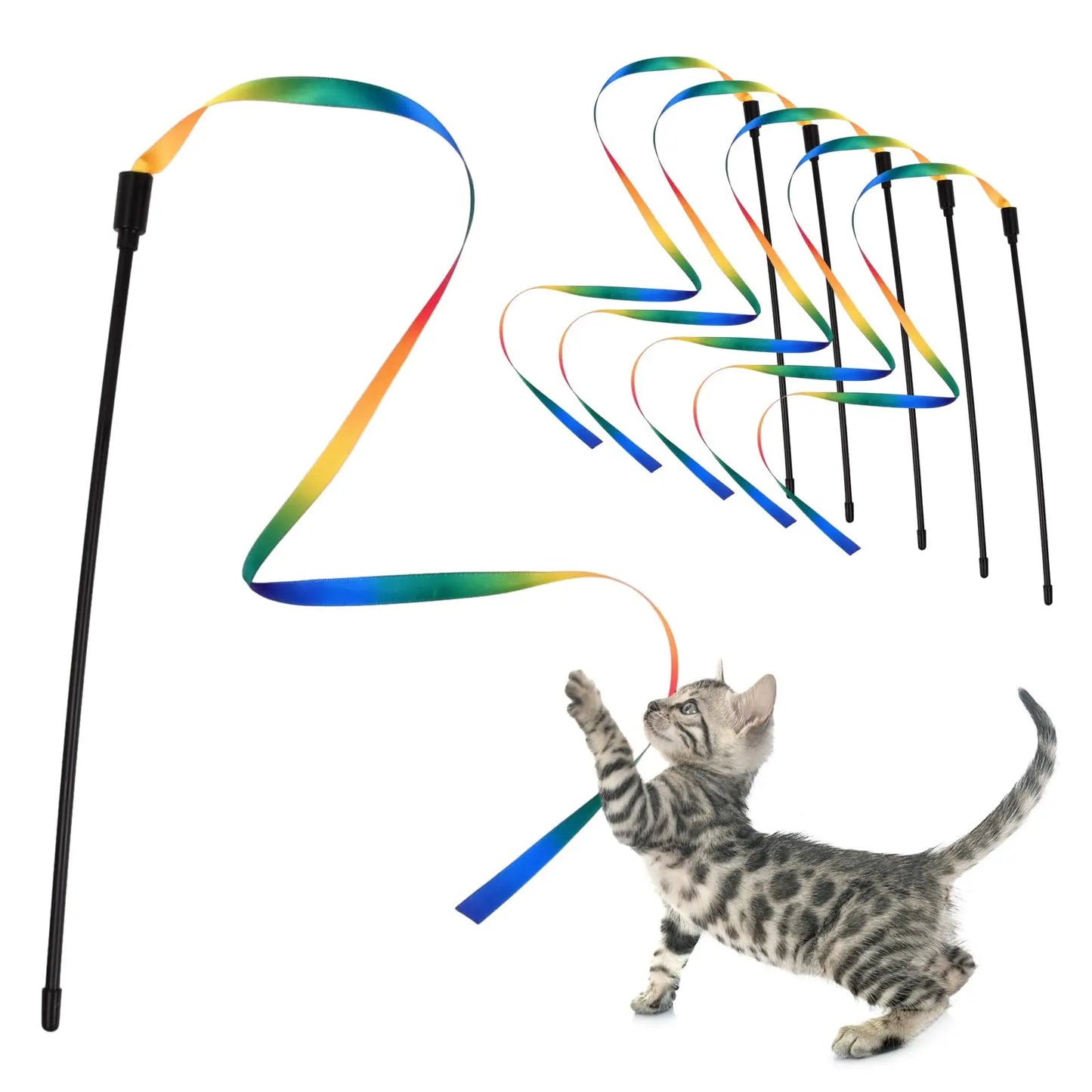 Interactive Coloured Ribbon Cat Toys Teasing Catd Stick Satin Ribbon Cat Stick Toys Kitten Playing Teaser Wand Toy Pet Supplies