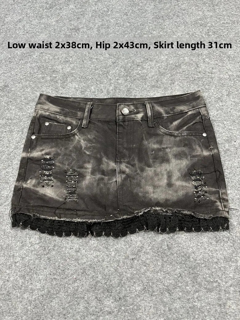 Sexy American Vintage Low Waist Denim  Skirt for Students Z4 Antiquing Y2K Trendy ort Skirt with Handmade Ripped And Fo...
