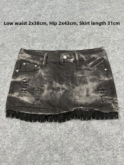 Sexy American Vintage Low Waist Denim  Skirt for Students Z4 Antiquing Y2K Trendy ort Skirt with Handmade Ripped And Fo...