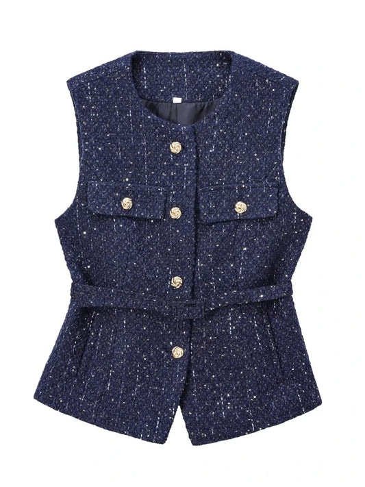 Women's Tweed Waistcoat with Belt, O Neck, Sleeveless, Front Button, Female Outerwear, Chic Tops, Fashion Vest Women