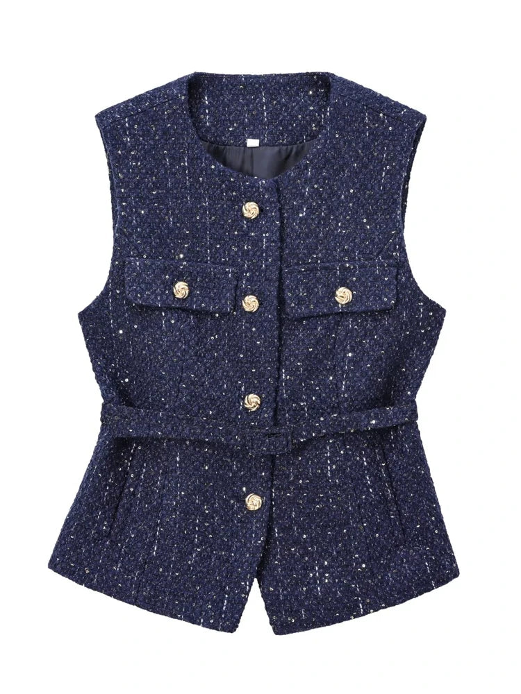 Women's Tweed Waistcoat with Belt, O Neck, Sleeveless, Front Button, Female Outerwear, Chic Tops, Fashion Vest Women