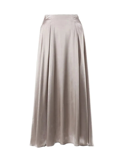 Elegant Women's Skirt Autumn Satin Silk Long Skirts for Women Fashion 2025 Lady Solid Color Khaki White High Waist Skirt Women