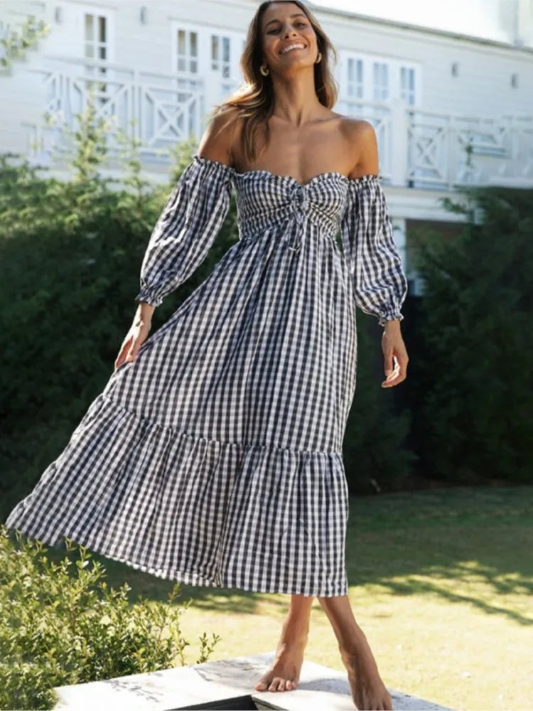 Fashion Print Off Shoulder Women's Plaid Dress New Autumn Fashion Elegant Party Casual Dresses Femlae Holiday Robe Femme