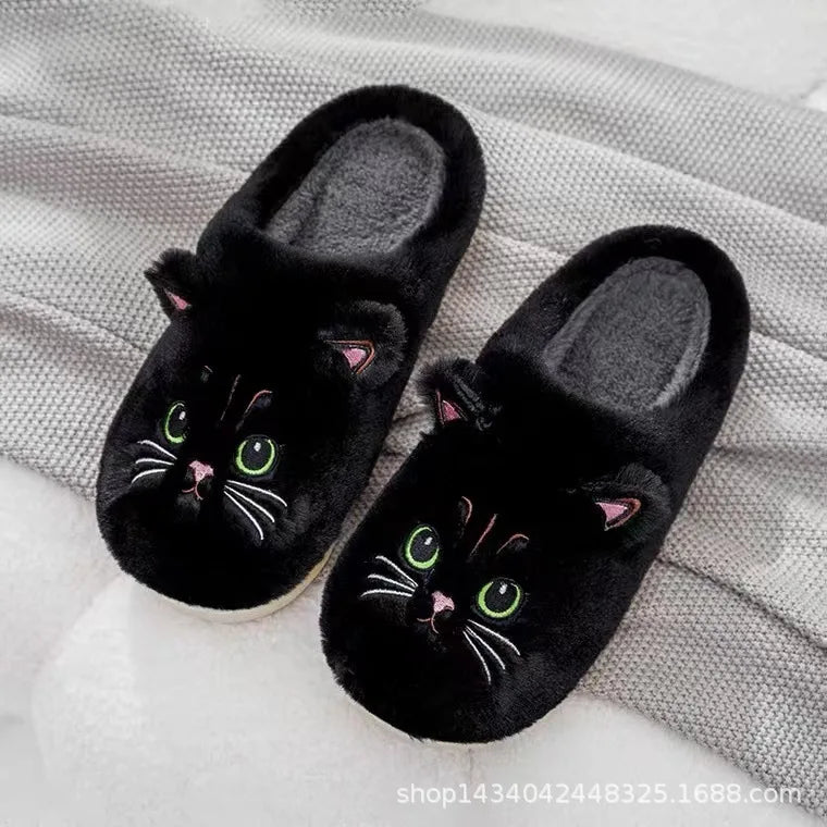 Winterwarme Hausschuhe für Damen, flauschig, mit Katzenmotiv, Cartoon-Fell, Plüsch, für drinnen, bequem, wärmend, flach, Flip-Flop