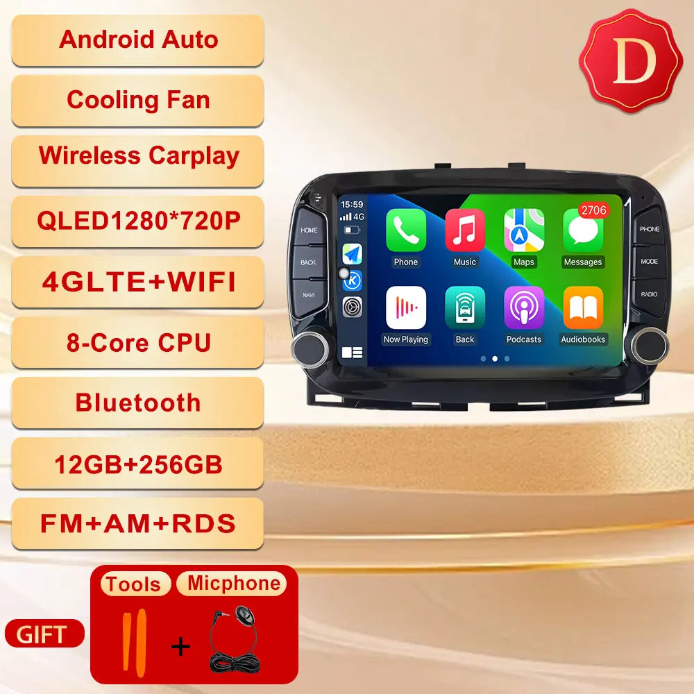 GPS Navigation Android 15 Auto Carplay 7" For FIAT 500 2016 - 2019 Stereo Multimedia Player 4G WIFI Bluetooth DSP 360 Camera
