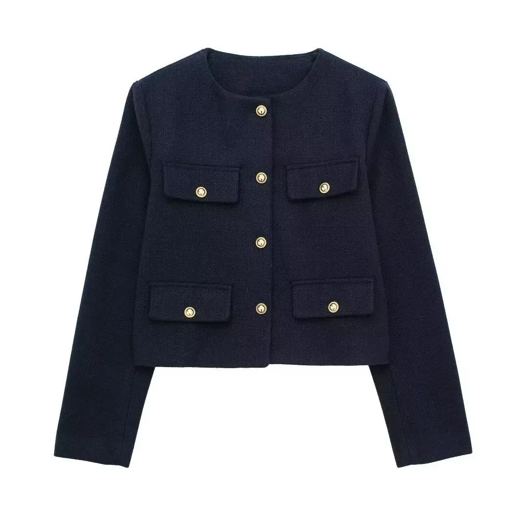 Women Elegant Cropped Jacket 2025 Women's Fashion Jacket O-Neck Long Sleeved Flip Pocket Coat Female Casual Outwear Tops
