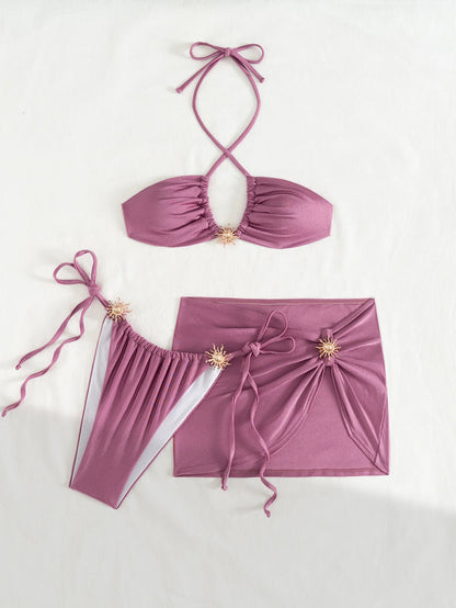 Sexy Metal Sun Ornament Bikini Women Purple Pleate Cross Push Up Mesh Skirt 3 Piece Swimsuit 2025 Beach Bathing Suit Swimwear