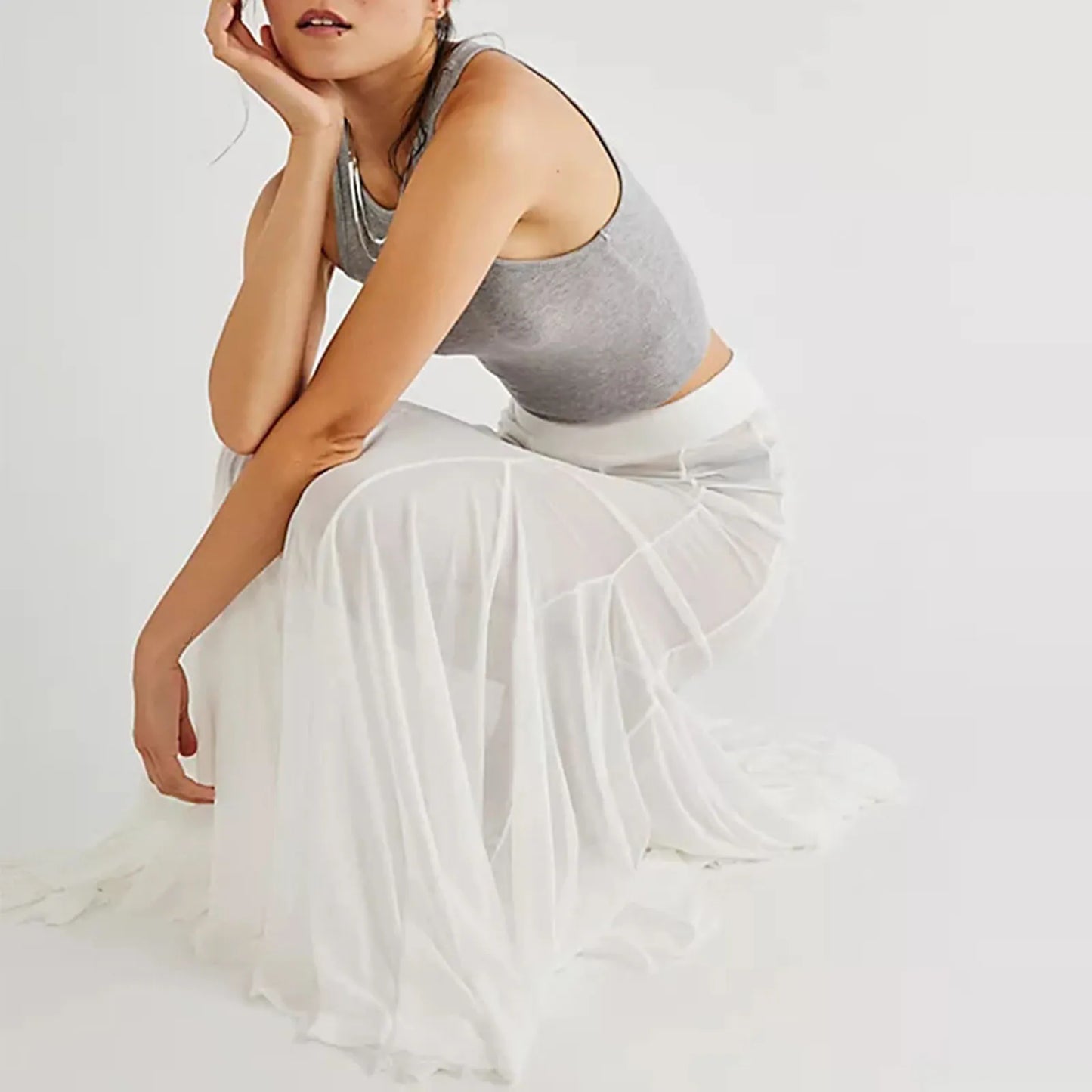 Fashion Women’s Mesh Sheer Long Skirts Elastic High Waist Ruffle Hem Flowy Skirts Casual A-line Midi Skirts