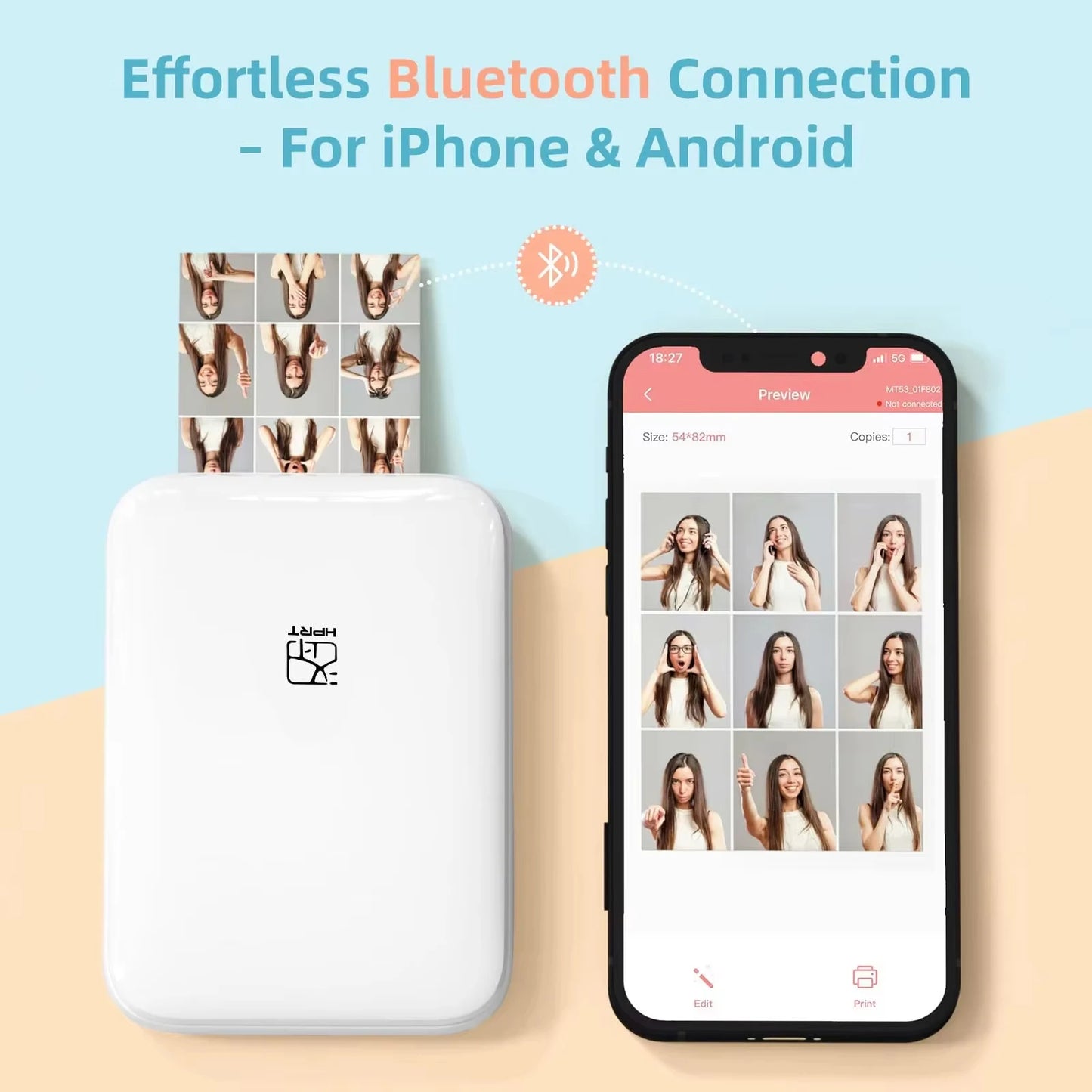 HPRT MT53 Color Photo Printer Pocket Printer 2x3 Inch Print Mini Printer Bluetooth Mobile Handheld HD Pocket Printing Machine