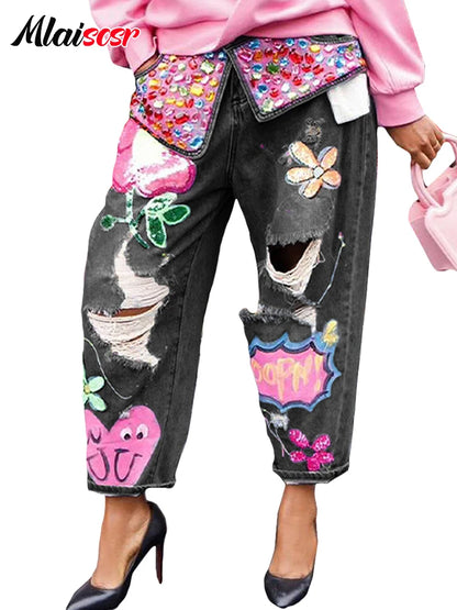 Mlaiscsr Harajuku Print Diamond Patchwork Baggy Jeans Women Mid Waist Button Pocket Denim Wide Leg Pants y2k Birthday Trousers