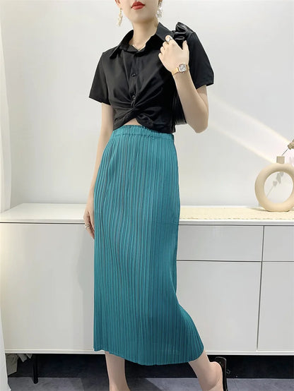 Fold Miyake Pleated Comfortable Casual Half-body Skirt Women High Waisted Thin 2025 Summer New Small Pleated Medium Skirt