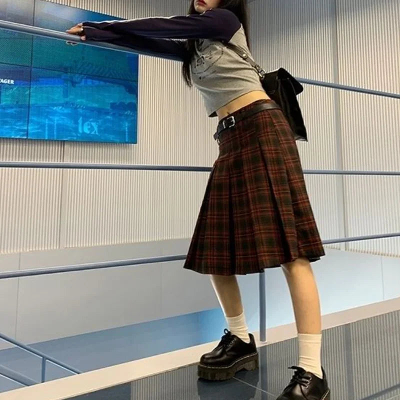Low Waist Pleated Skirts Women Plaid Knee-length Autumn Korean Fashion Preppy Style All-match Casual Students Vintage Literary