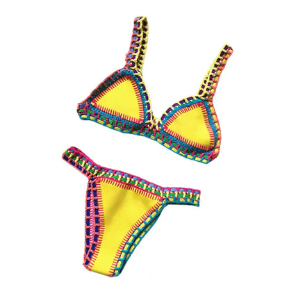 2 Pcs/Set Swimsuit Women Bikinis Set Sexy Patchwork Knit Handmade Crochet Bathing Suit Swimsuit Beach