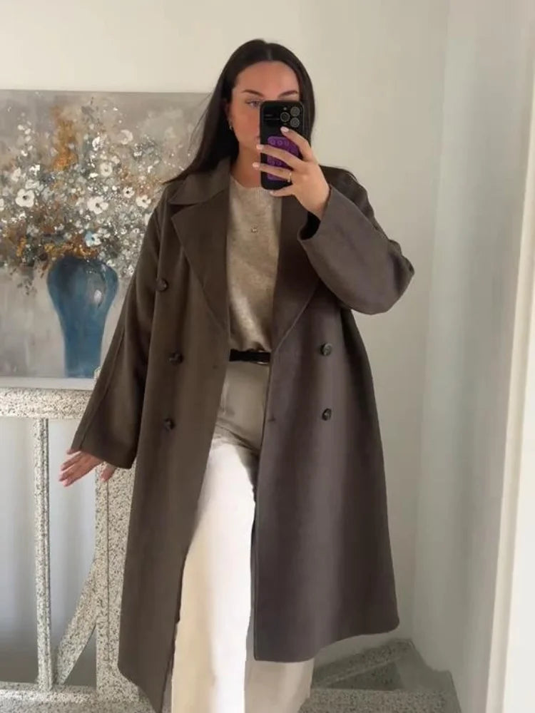 High Street Women Woolen Coat Solid Loose Turn-down Collar Double Breasted Long Sleeve Jackets Autumn Winter All-match Jacket