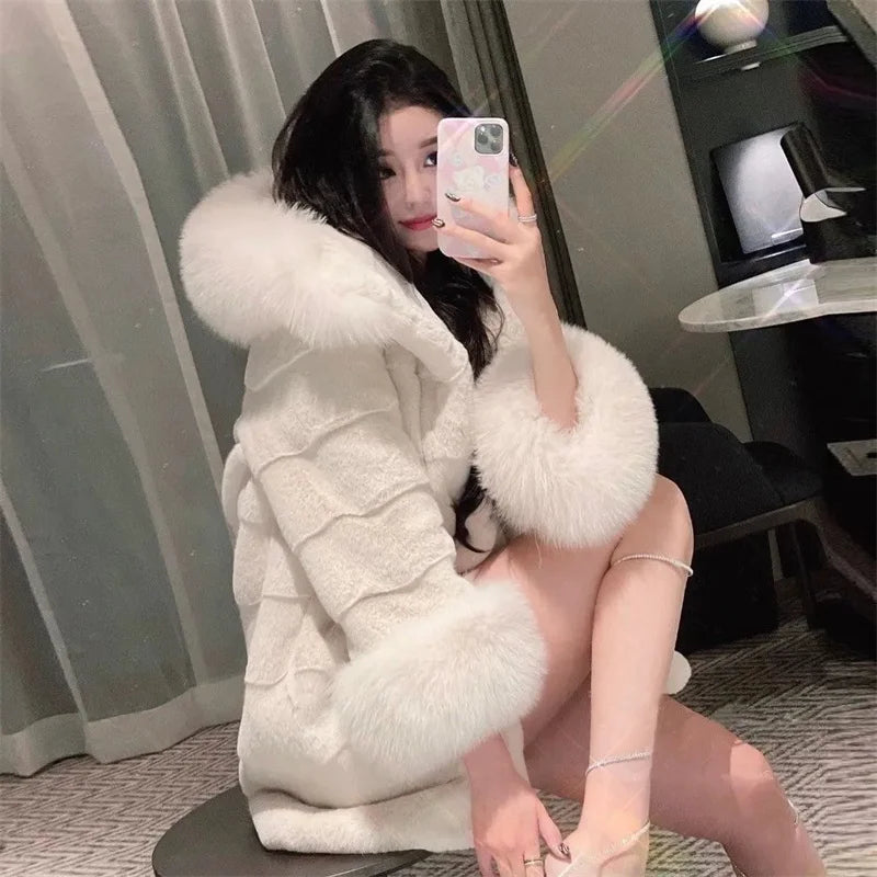 Winter New Environmentally Friendly Rabbit fur fur Coat Women Imitation fox fur Collar Hooded mid Length Fur Plush Mink fur Coat