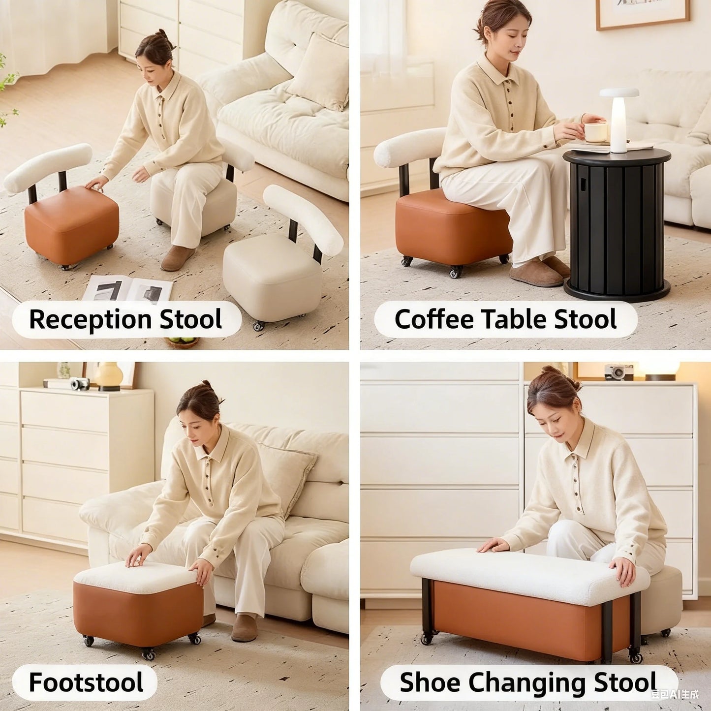 Small Stool with Backrest Wheels  Leather Footrest Ottoman Low Seating for Living Room Stylish Versatile Small Ottomans Perfect