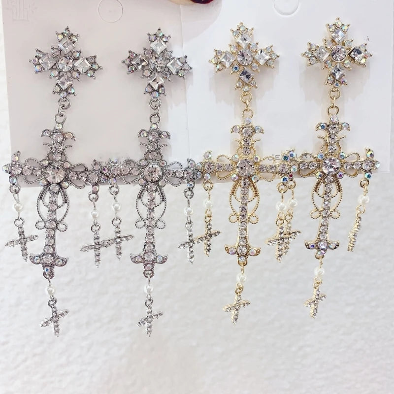Korean Novel Trend Luxury Palace Style Silver Gold Crystal Pearl Crossed Dangle Earrings for Women Elegant Party Jewelry